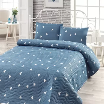 Set cuvertura Single 160x220 cm, 2 piese, Ucgen - Blue, EnLora Home, 65% bumbac/35% poliester imagine