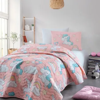 Set cuvertura Single 160x220 cm, 2 piese, Unicornio - Pink, EnLora Home, 65% bumbac/35% poliester imagine
