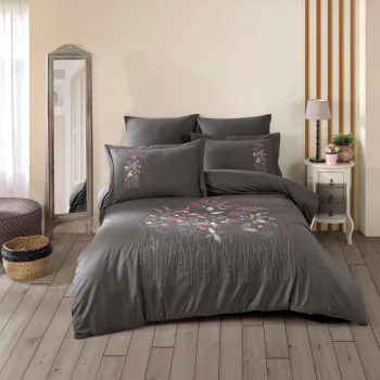 Set de huse de pilota duble din poplin brodat, L'essentiel Maison, Emilia, Gri imagine