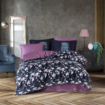 Set de huse de pilota duble din satin Tencel, L'essentiel Maison, Adelita, Mov / Albastru inchis / Alb imagine