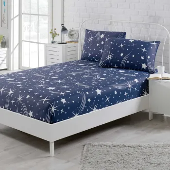 Set de pat dublu (cearceaf cu elastic si perne) 3 piese, Halley - Dark Blue, EnLora Home, 65% bumbac/35% poliester imagine