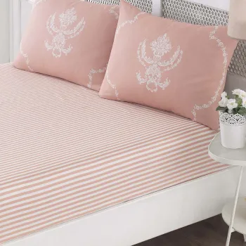 Set de pat dublu (cearceaf cu elastic si perne) 3 piese, Pure - Powder, EnLora Home, 65% bumbac/35% poliester imagine