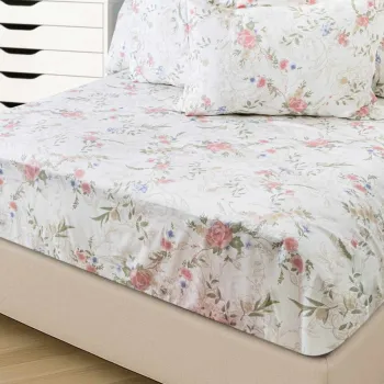 Set de pat dublu (cearceaf cu elastic si perne) Satin, L'essentiel Maison, Aida 180, Alb / Roz / Verde imagine