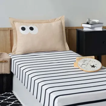 Set de pat pentru o persoana (cearceaf cu elastic si perna) 2 piese, L'essentiel Maison, Funny Cizgili, Maro imagine