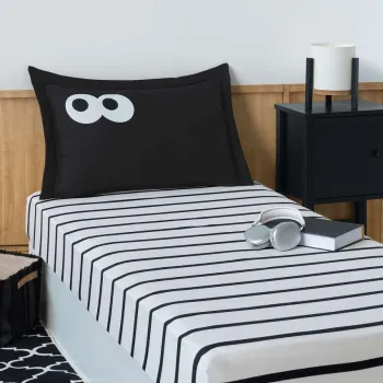 Set de pat pentru o persoana (cearceaf cu elastic si perna) 2 piese, L'essentiel Maison, Funny Cizgili, Negru imagine