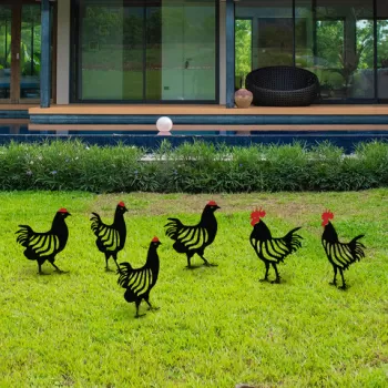 Set decoratiuni pentru gradina, Chicken Family 6, Metal, Negru imagine