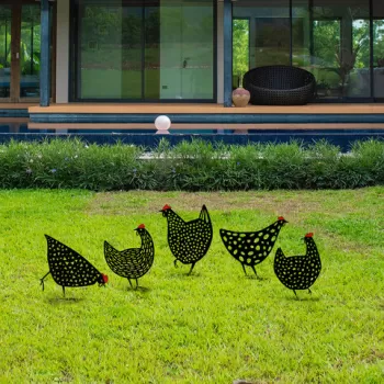 Set decoratiuni pentru gradina, Chickens, Metal, Negru imagine