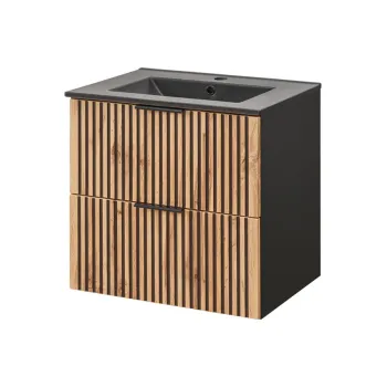 Set dulap de baie cu lavoar si sifon, 60 cm Lava, Xilo Black, Comad, MDF/PAL laminat, stejar wotan/ gri piatra imagine