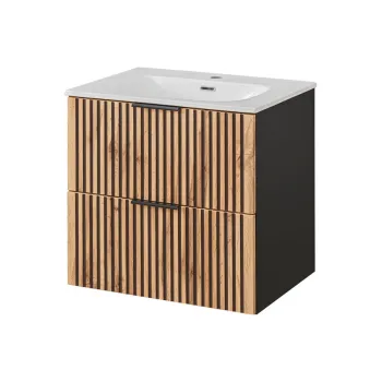 Set dulap de baie cu lavoar si sifon, 60 cm, Xilo, Comad, MDF/PAL laminat, stejar wotan/ gri piatra imagine