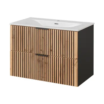 Set dulap de baie cu lavoar si sifon, 80 cm, Xilo, Comad, MDF/PAL laminat, stejar wotan/ gri piatra imagine