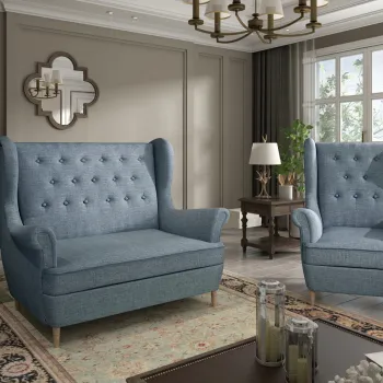 Set fotoliu si canapea ELTAP, Aros, 72x60x100 cm / 150x90x103 cm, lemn/poliester, albastru deschis imagine