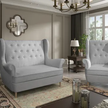 Set fotoliu si canapea ELTAP, Aros, 72x60x100 cm / 150x90x103 cm, lemn/poliester, gri deschis imagine