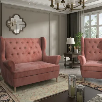 Set fotoliu si canapea ELTAP, Aros, 72x60x100 cm / 150x90x103 cm, lemn/poliester, roz imagine