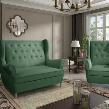 Set fotoliu si canapea ELTAP, Aros, 72x60x100 cm / 150x90x103 cm, lemn/poliester, verde imagine