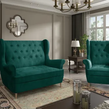 Set fotoliu si canapea ELTAP, Aros, 72x60x100 cm / 150x90x103 cm, lemn/poliester, verde inchis imagine