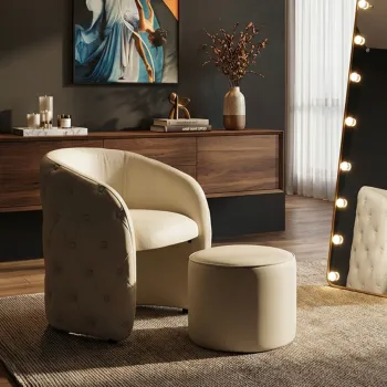 Set fotoliu si taburet pentru picioare, Mauro Ferretti, Zagabria, 75x76x80 cm, lemn de pin/piele ecologica, alb imagine