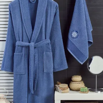 Set halat si prosop de baie, L'essentiel Maison, Cora, Bumbac, Albastru indigo imagine