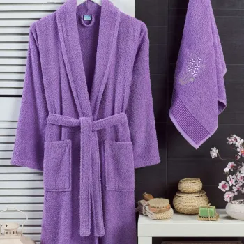 Set halat si prosop de baie, L'essentiel Maison, Cora, Bumbac, Mov imagine