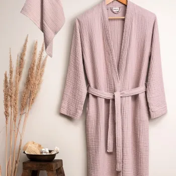 Set halat si prosop de baie, L'essentiel Maison, Kimono, Bumbac, Roz pudra imagine