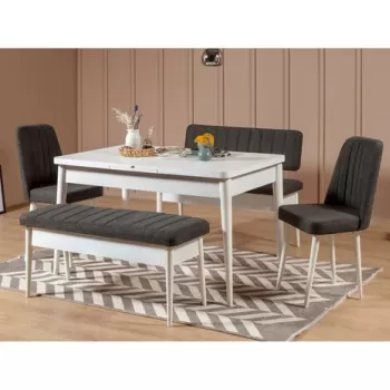Set masa cu 2 scaune si 2 banchete, Vella, Vina, pal melaminat, alb/antracit imagine