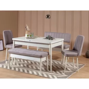 Set masa cu 2 scaune si 2 banchete, Vella, Vina, pal melaminat, alb/grej imagine