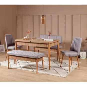 Set masa cu 2 scaune si 2 banchete, Vella, Vina, pal melaminat, maro/grej imagine