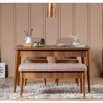 Set masa cu 2 scaune si bancheta, Vella, Vina, pal melaminat/poliester, nuc/nisipiu imagine