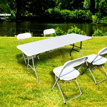 Set masa cu scaune pliabile Heinner, 180x70x74 cm/50x44x80 cm, otel/HDPE plastic, alb imagine