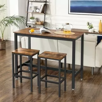 Set masa de bar + 2 scaune de bar, Vasagle, 120 x 60 x 90 cm, fier/PAL, maro rustic imagine