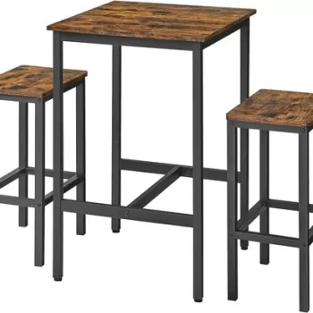 Set masa de bar si 2 scaune Vasagle, 60 x 60 x 90 cm / 30 x 40 x 35 cm, PAL/otel, maro rustic imagine