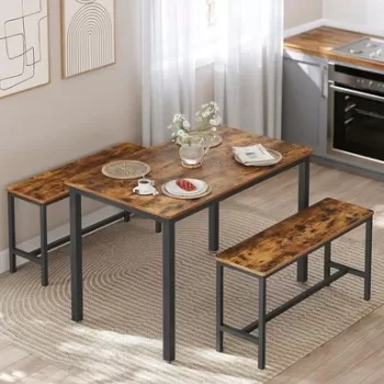 Set masa dining si 2 banchete Vasagle, 110 x 70 x 75 cm / 97 x 30 x 50 cm, PAL/otel, maro rustic imagine