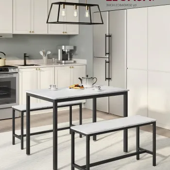 Set masa dining si 2 banci Vasagle, 110x70x75 cm/97x30x50 cm, PAL/otel, alb marmorat/negru imagine