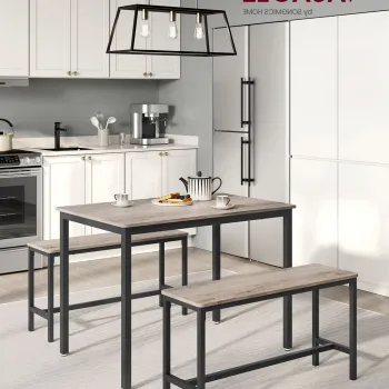 Set masa dining si 2 banci Vasagle, 110x70x75 cm/97x30x50 cm, PAL/otel, gri/negru imagine