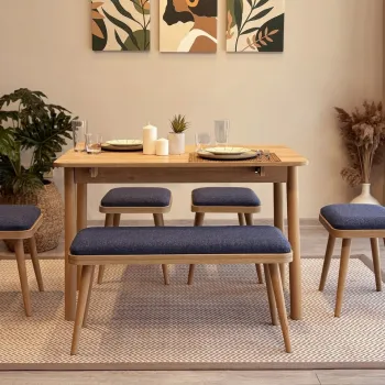 Set masa extensibila si 6 scaune, Vella, Vina Mini 06 1048, PAL, Stejar / Albastru inchis imagine