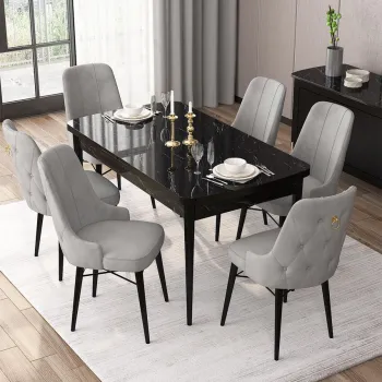 Set masa extensibila si scaune, Hanah Home, Are, Marmura neagra / Gri imagine