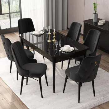 Set masa extensibila si scaune, Hanah Home, Are, Marmura neagra / Negru imagine
