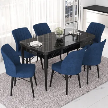 Set masa extensibila si scaune, Hanah Home, Eva, Marmura neagra / Albastru marin imagine