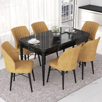Set masa extensibila si scaune, Hanah Home, Eva, Marmura neagra / Cappuccino imagine