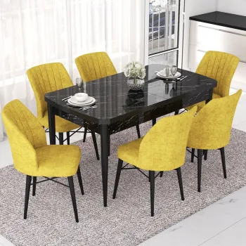 Set masa extensibila si scaune, Hanah Home, Eva, Marmura neagra / Mustar imagine