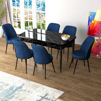 Set masa extensibila si scaune, Hanah Home, Han, Marmura neagra / Albastru marin imagine