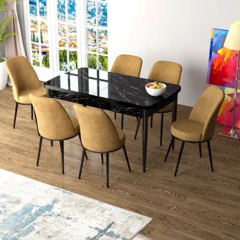 Set masa extensibila si scaune, Hanah Home, Han, Marmura neagra / Cappuccino imagine