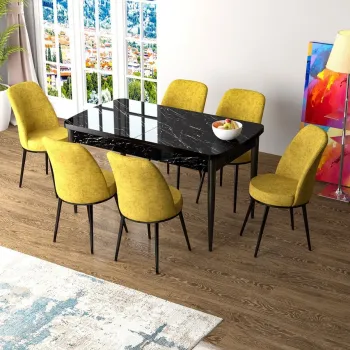 Set masa extensibila si scaune, Hanah Home, Han, Marmura neagra / Mustar imagine