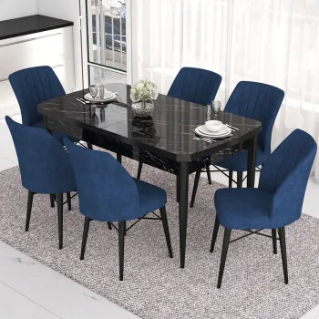 Set masa extensibila si scaune, Hanah Home, Nef, Marmura neagra / Albastru marin imagine