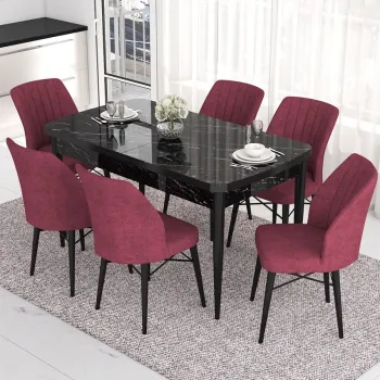 Set masa extensibila si scaune, Hanah Home, Nef, Marmura neagra / Burgundia imagine