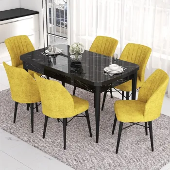 Set masa extensibila si scaune, Hanah Home, Nef, Marmura neagra / Mustar imagine