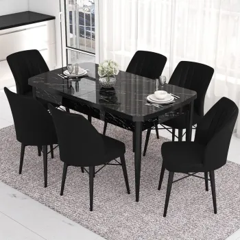 Set masa extensibila si scaune, Hanah Home, Nef, Marmura neagra / Negru imagine