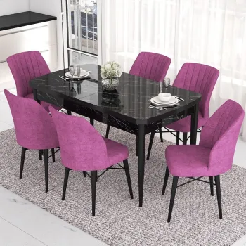 Set masa extensibila si scaune, Hanah Home, Nef, Marmura neagra / Violet imagine