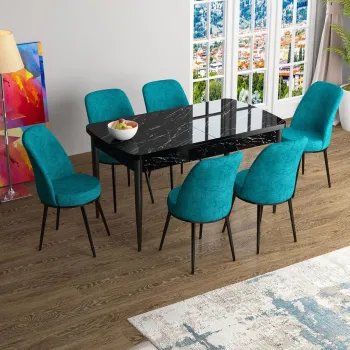 Set masa extensibila si scaune, Hanah Home, Zen, Marmura neagra / Turcoaz imagine