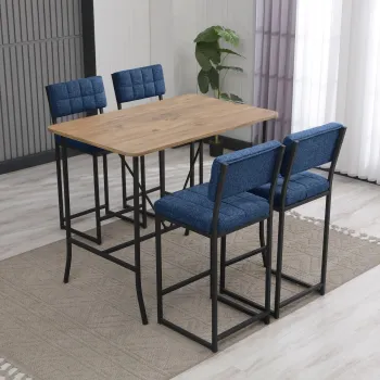 Set masa si 4 scaune de bar, Hanah Home, Retro, Albastru marin / Nuc imagine