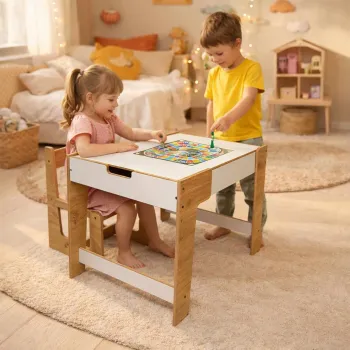 Set masa si scaun pentru copii, Hanah Home, Phoenix 1 Ch, Alb / Natural imagine